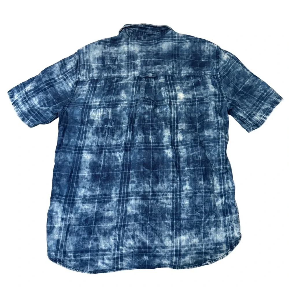 True Religion Mens Slim Fit Acid Wash Plaid Short Sleeve Button Down Shirt Large